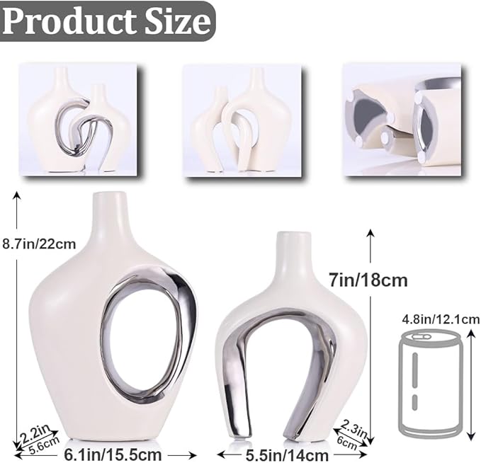 White and Silver Hollow Ceramic Vase Set of 2, Modern Nordic Boho ins Style Aesthetic Decorative Flower Vase for Home Decor, Wedding, Living, Bedroom, Dining Table, Shelf, Mantle, Office Decor