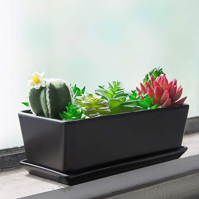 SQOWL 10 inch Ceramic Rectangular Succulent Planter Window Box Flower Planter Pot with Saucer for Indoor Plants Black