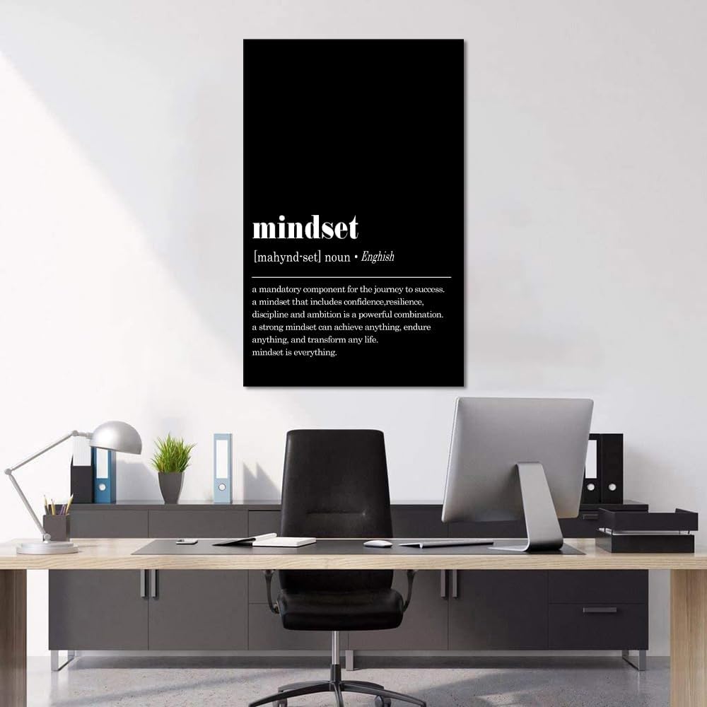 Inspirational Office Wall Art, Framed Mindset Is Everything Canvas Print Black and White Motivational Wall Decor Positive Quotes Poster Entrepreneurs Artwork for Work Place Home Decoration, 24"x 36"