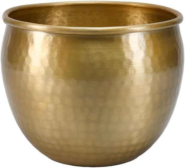 Serene Spaces Living Gold Brass Look Vintage Aluminum Vase - Perfect Decorative Accent for Plants, Weddings, and Events, Metallic Pot for Home, Medium, Measures 9" Diameter and 7" Tall