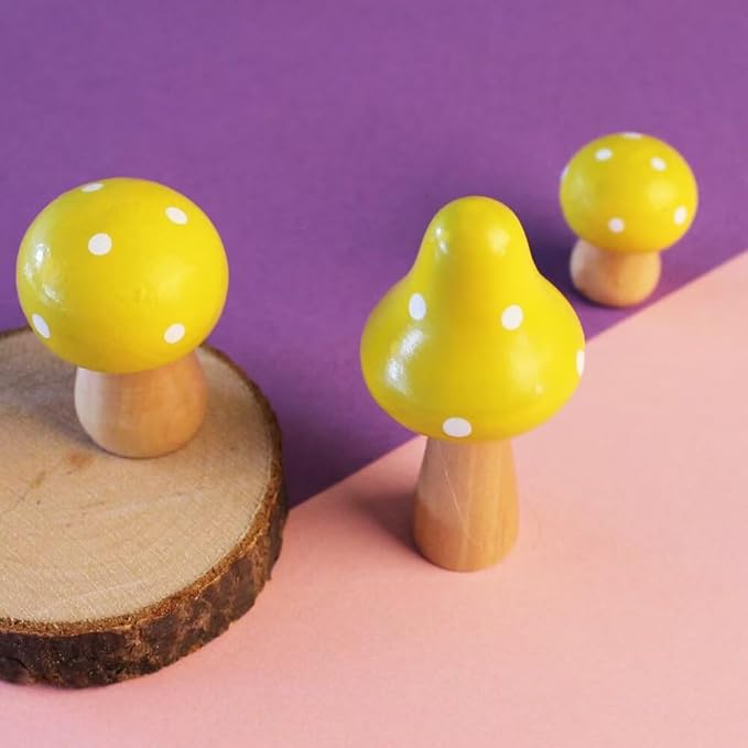 3Pcs Mushroom Decor Wooden Mini Figures Fairy Garden Accessories 2.9in 1.8in 1.2in Cute Miniature Mushrooms Home Decor for Bedroom Office Bonsai Fairy Garden Yellow