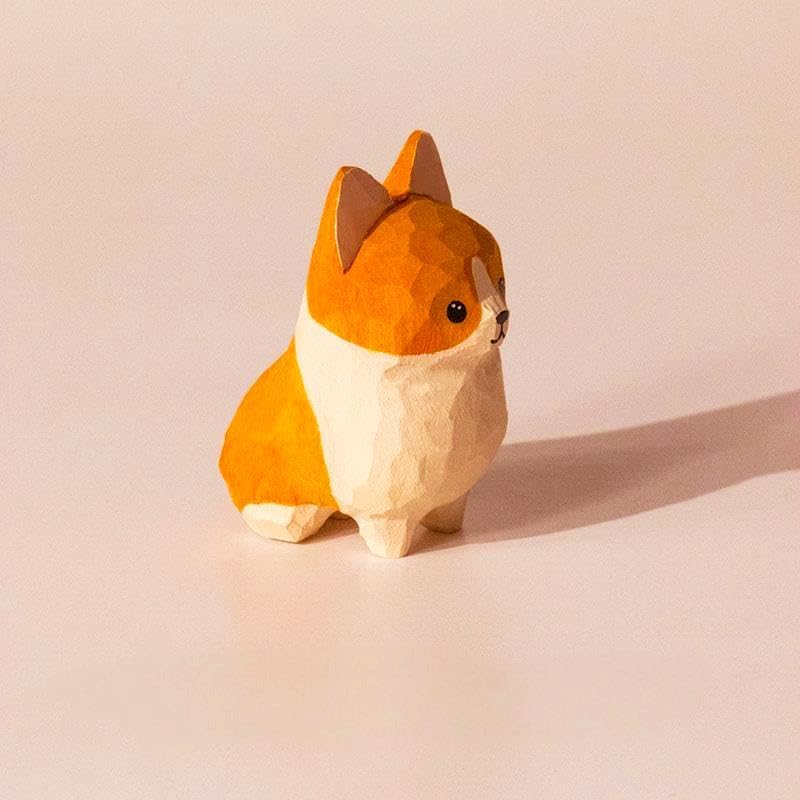 Handcrafted Wooden Corgi Figurine – 1.8" Small Dog Statue Carved from Natural Wood – Cute Knick Knack Home Decor – Gift for Dog Lovers & Collectors