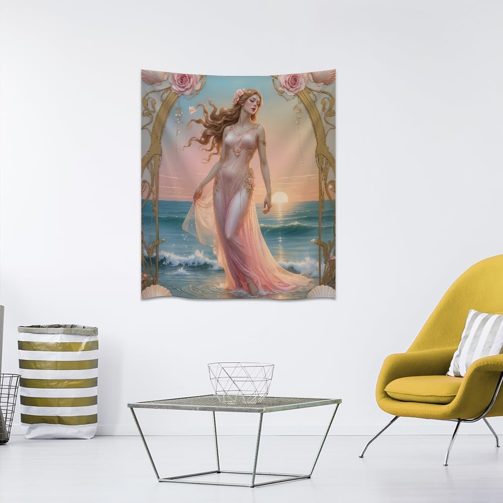 Medpol Elegant Vintage Goddess Tapestry Pink Coastal Woman Wall Hanging, Shell Rose Sunset Ocean Decor Cool Girls Dorm Room Tapestry for Bedroom Living Room Aesthetic 40x60inch