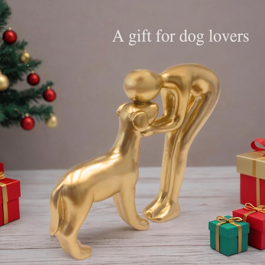 Human and Dog Statue Decoration, Cute Pet Sculpture Home Decor Tabletop Ornament Figurines Office Living Room Bedroom Home, for Dog Lovers Friends Family Decoration, Gold Color