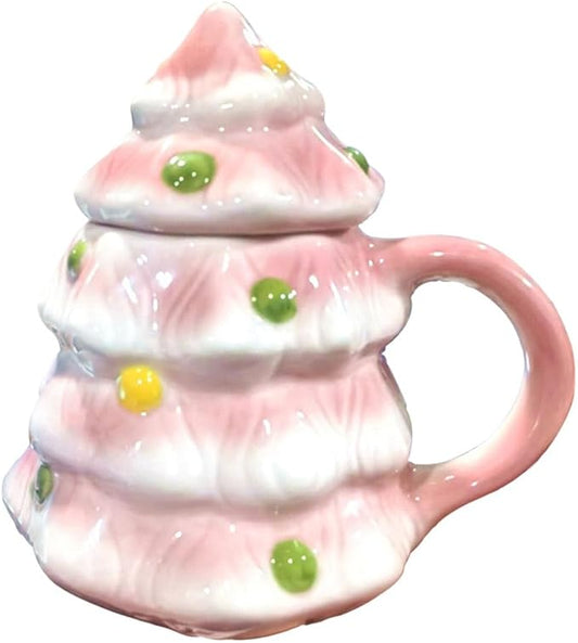 15oz Christmas Tree Mug with Lid Cute Ceramic Xmas Tree Coffee Mug Adorable Festive Ceramic Coffee Cup Winter Xmas Holiday Birthday Tabletop Drinkware Teacup Gifts for Adults Kids Women