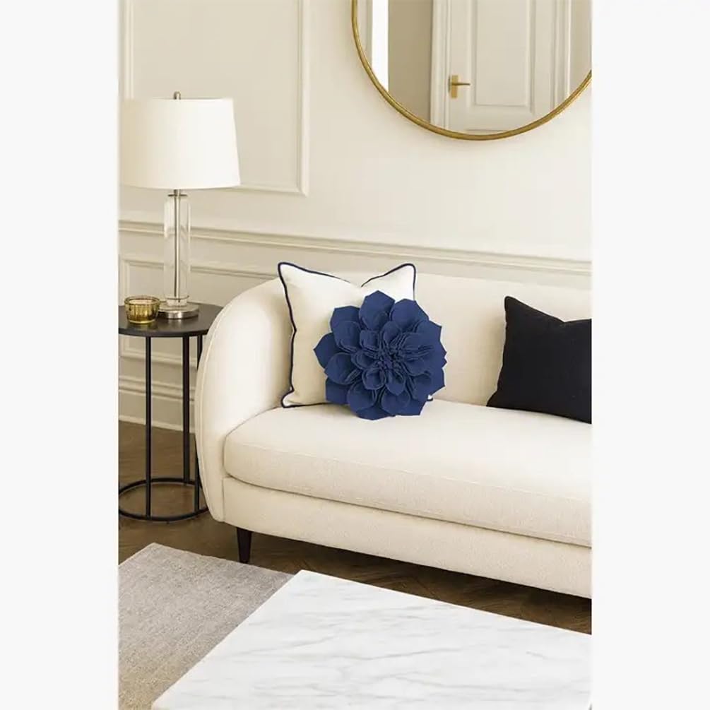 Fennco Styles Handmade 3D Heart-Shaped Petals Flower Decorative Throw Pillow Cover Only - 13" Round Navy Blue Floral Pillow Case for Couch, Home Décor and Holiday, Housewarming Gift
