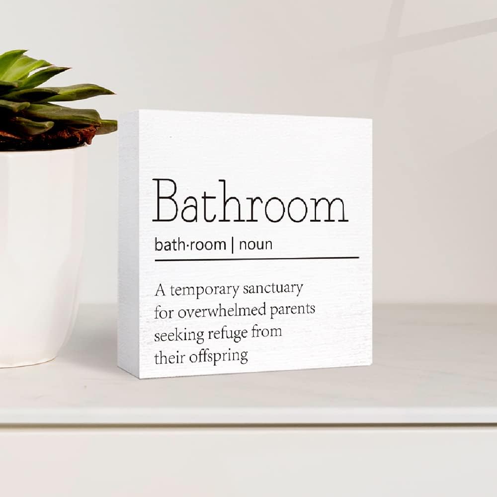 Funny Wood Sign for Bathroom & Toilet, Restroom Decor - Farmhouse Wooden Block Sign