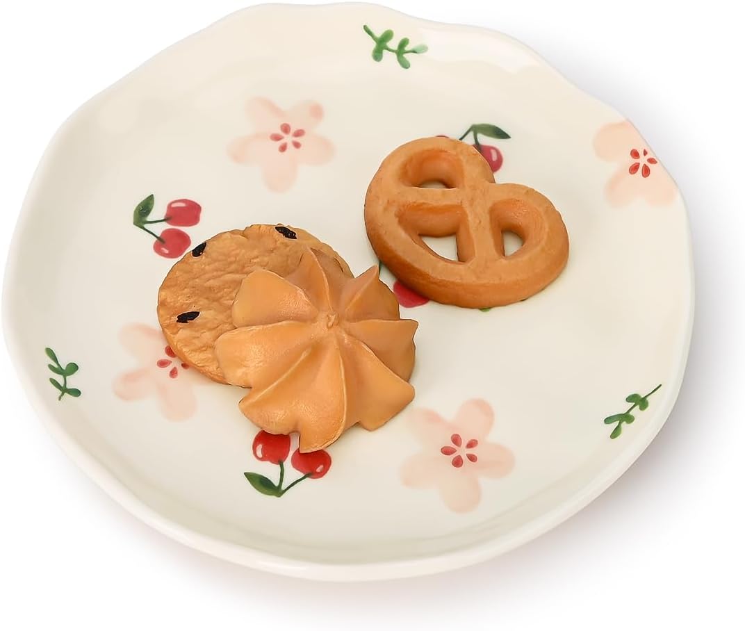 Koythin Ceramic Dessert Plates, Cute Fruits Dinner Plate, Creative Plates Design, Printed Flowers Dinnerware for Office and Home, Kitchen Plates for Desserts (Pink Cherry Flowers)