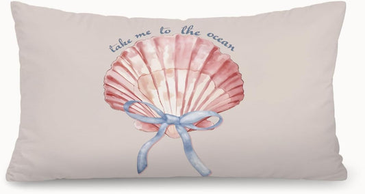 Coastal Girly Room Decor Aesthetic 12x20 Pillow Cover, Take Me to The Ocean Coquette Bow Seashell Decorative Lumbar Pillow Covers for Girls Bedroom College Dorm Sofa Couch