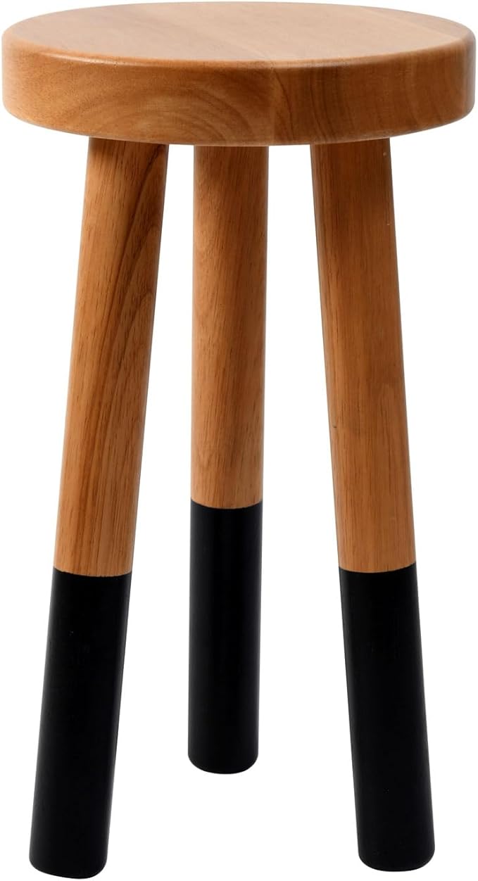 Rubber Wood 9" Round Plant Stand |Dip Dyed Black Accent Stool |Milking Stool |Small Side Table(16" H)