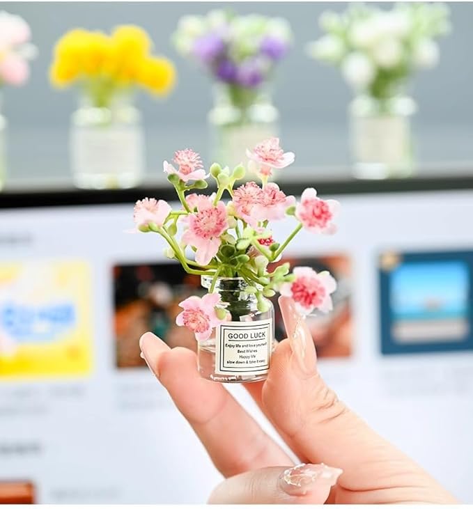 2Pcs Miniature Flower Vases with Peach Blossoms – Handmade Dollhouse Vases for Micro Landscape, Resin Floral Decorations for Fairy Garden Scenes, Home Shelf Styling, DIY Project and Table Centerpiece