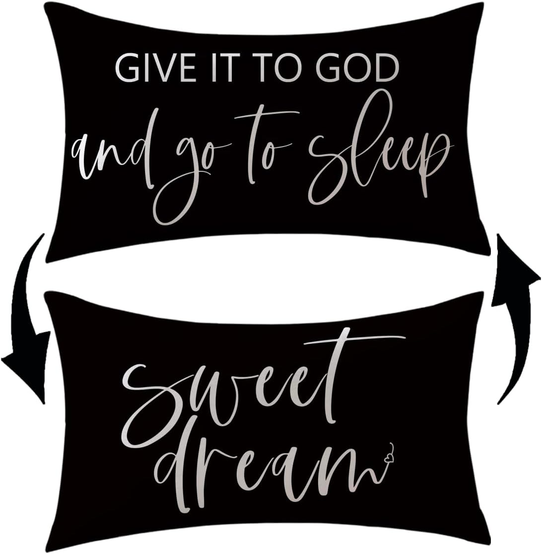 Bedding Decorative Pillowcases Reversible Give It to God and Go to Sleep Cushion Covers Sleep Themed Throw Pillow Covers 12''x20'' for Bedroom Guest Room Housewarming Gifts (Black)