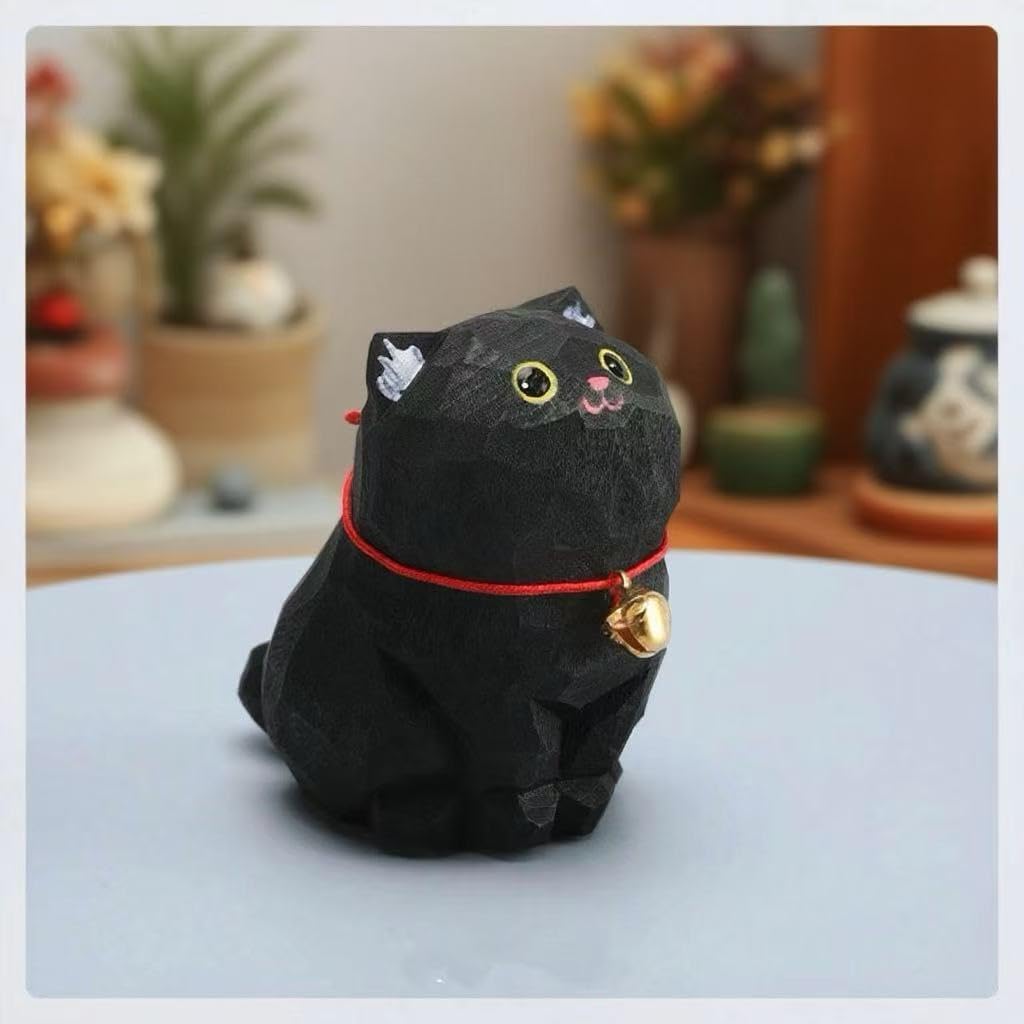 Hand Carved Wooden Black Cat Figurines – 2PCS Small Painted Cat Statues with Base, Cute Desk or Shelf Decor, Collectible Eco-Friendly Pet Figurines, Unique Handmade Gifts for Cat Lovers