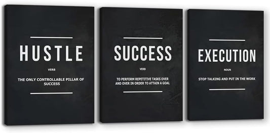 Inspirational Wall Poster Hustle Poster Success Goal Artwork Entrepreneur Quote Painting Motivational Office Wall Decor Art for Bedroom Living Room Home Decoration Framed 20inch x28inch x3pieces