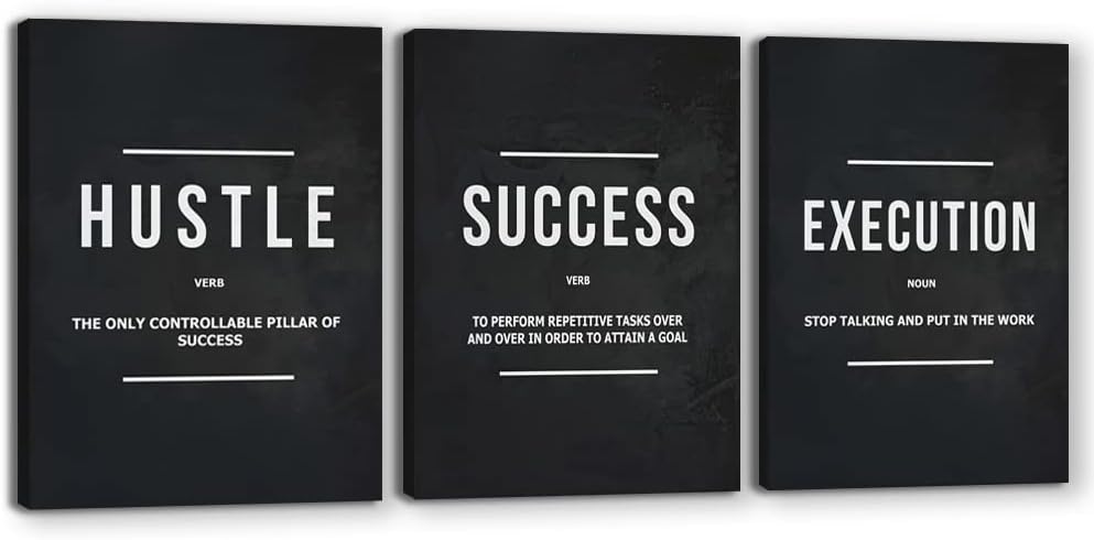 Inspirational Posters Success Canvas Wall Art Goal Artwork Entrepreneur Quote Painting Motivational Office Wall Decor Hustle Art for Bedroom Living Room Home Decoration Framed 12inch x16inch x3pieces