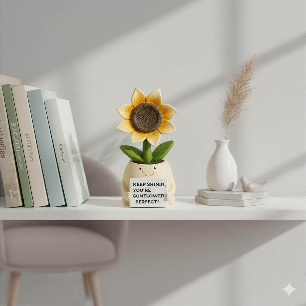 Inspirational Sunflower Gifts for Women Men, Keep Shining Resin Desk Decor, Cute Mini Plant Pot Figurine - Unique Thinking of You Encouragement Present for Coworker Friend Get Well Soon (Sunflower)