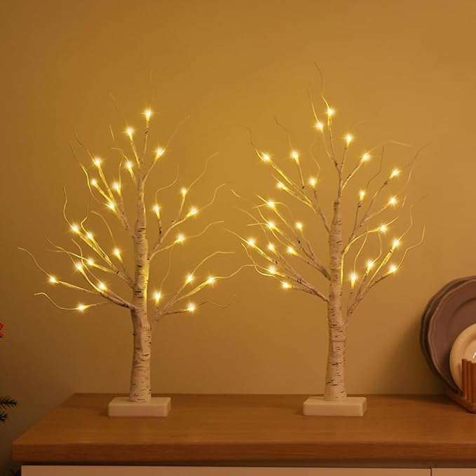 2FT Lighted Birch Tree,Christmas Decorations for Indoor,Table Top Christmas Trees with Lights,Dual Power USB or Battery,Lighted Tree for Winter Holidays Halloween Wedding Decor Set of 2