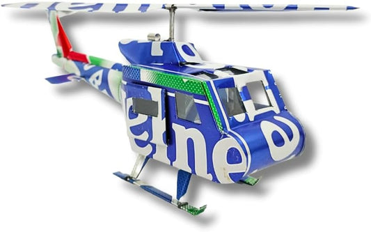 DYI Handcrafted Helicopter Model Made from Recycled Beer Cans — Small — Unique Gift for Beer Lovers, Dad, or Collectors — Eco-Friendly Bar Décor (Blue-Heniken)