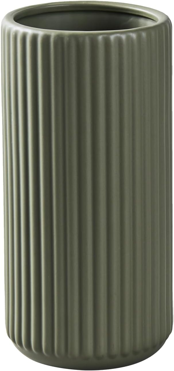 Green Ceramic Flower Vase for Pampas Grass, 8 inch Small Decorative Centerpiece Ribbed Vase for Dining Table, Office Desktop, Shelf Bookshelf, Mantel, Entryway, Bathroom, Countertop, Farmhouse, Gift