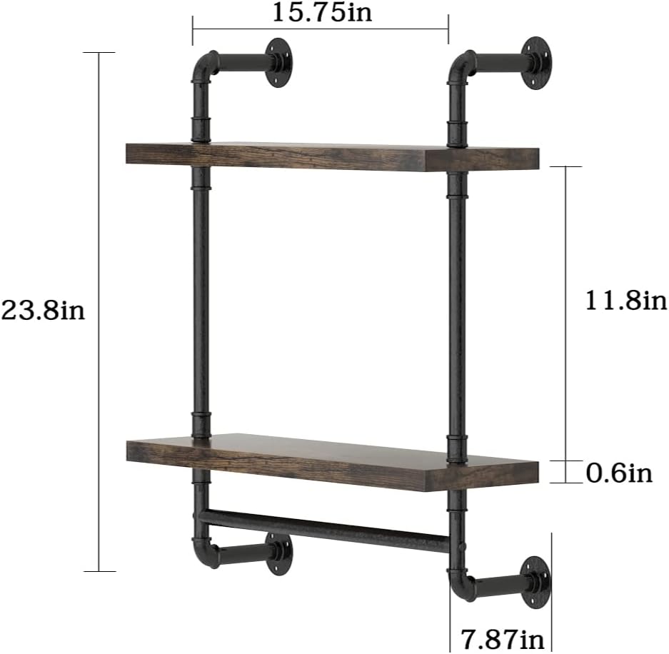 Helsin Industrial Pipe Floating Bathroom Shelves Wall Mounted with Towel bar, 2 Tier Rustic Wood Wall Shelf, 16inch Metal Towel Rack Storage Bookshelf for Bathroom, Kitchen, Farmhouse, Living Room