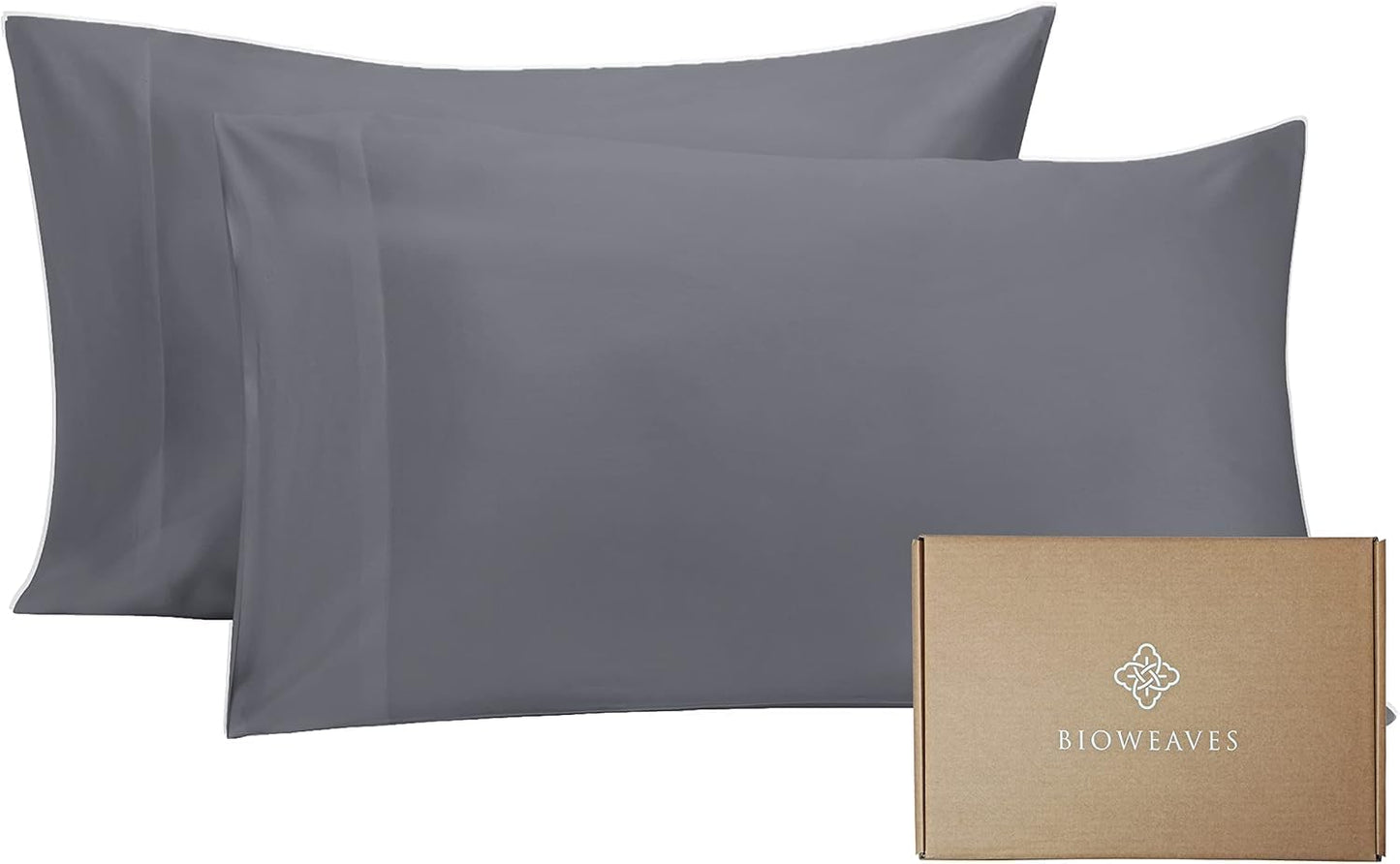 BIOWEAVES 100% Organic Cotton Pillow Cases 300 Thread Count Soft Sateen Weave GOTS Certified – Standard/Queen Size, Set of 2, Grey