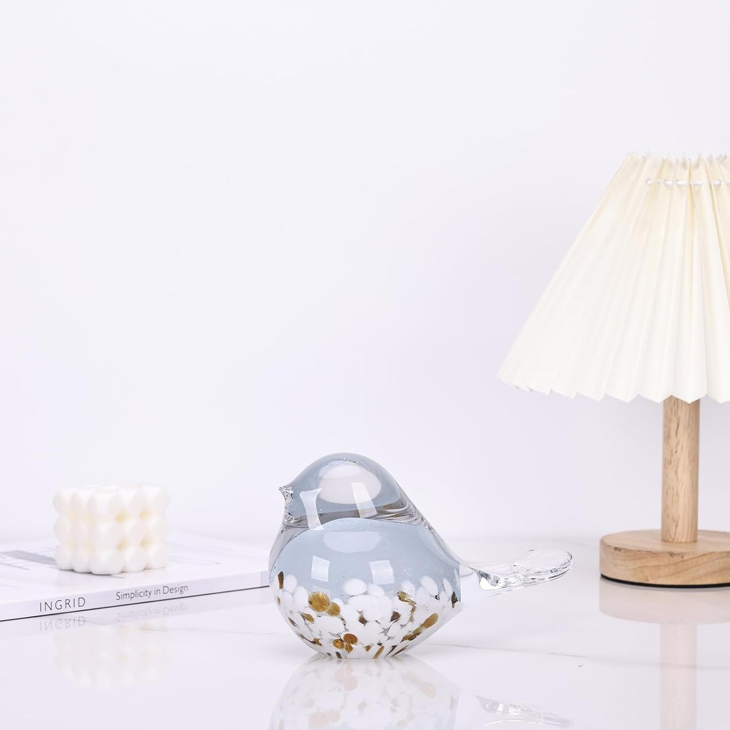 DOVDOV Hand Blown Glass Bird Statue Home Decor, Small Blue Glass Art Bird Sculpture for Office Desktop on Dresser entryway Decorative Ornament and Paperweight.