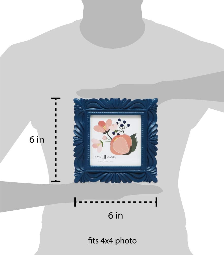 Isaac Jacobs 4x4 Navy Wave Textured Hand-Crafted Resin Picture Frame with Easel & Hook for Tabletop & Wall Display, Decorative Swirl Design Home Décor, Photo Gallery, Art, More (4x4, Navy)