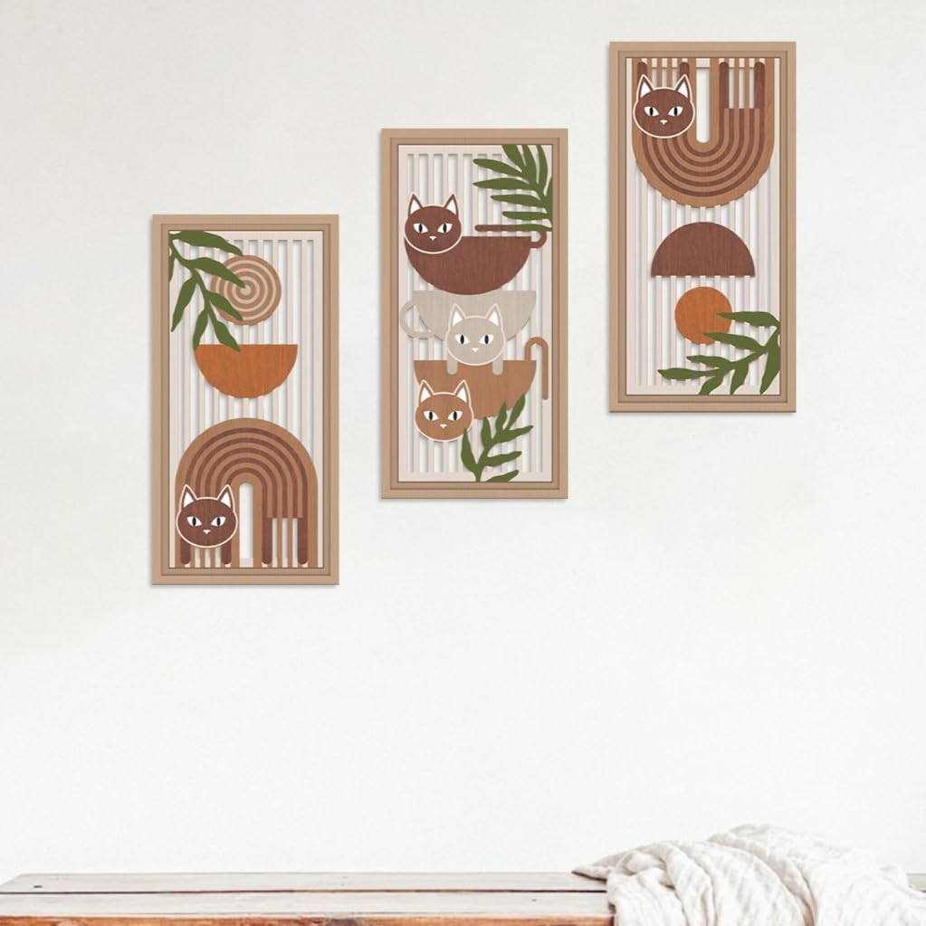 IARTTOP 3 Pcs Boho Cat Wood Wall Decor Mid Century Abstract Artwork Modern Minimalist Wooden Wall Art Bohemian Geometric Hanging Decor for Farmhouse Living Room Bedroom 7.9 x15.8 Inch Cat Gifts