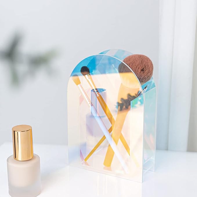 Iridescent Acrylic Vase for Artificial Flower Fake Eucalyptus Plant Leaves Office Home Decor Contemporary Tabletop Minimalist Geometric Mini Decoration Make Up Brushes Organizer Holder（RainbowShort）