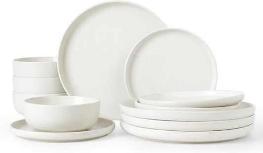Famiware Milkyway Plates and Bowls Sets, 12 Pieces Dinnerware Sets, Reactive Glaze Dish Set, Stoneware Dishes Set for 4, Matte Beige White