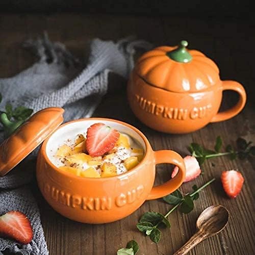 YBK Tech Cute Pumpkin Cup, Ceramic Coffee Mug, Tea Cup with Lid and Spoon (8.5oz)