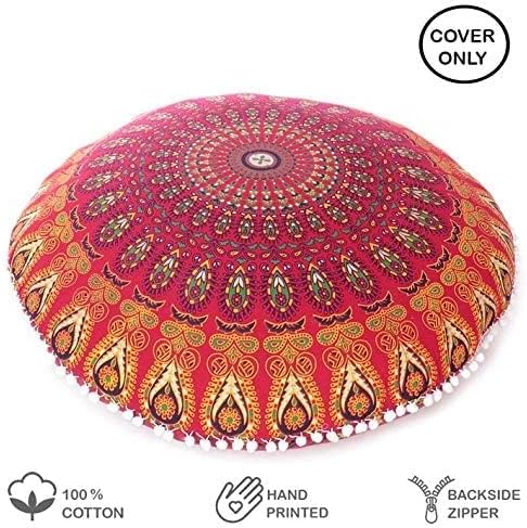 Eyes of India - Mandala Floor Pillow Cover Meditation Cushion Seating Throw Hippie Round Colorful Decorative Bohemian Indian Pouf Ottoman Handmade Cover ONLY (A1 Red, 32" x 32")