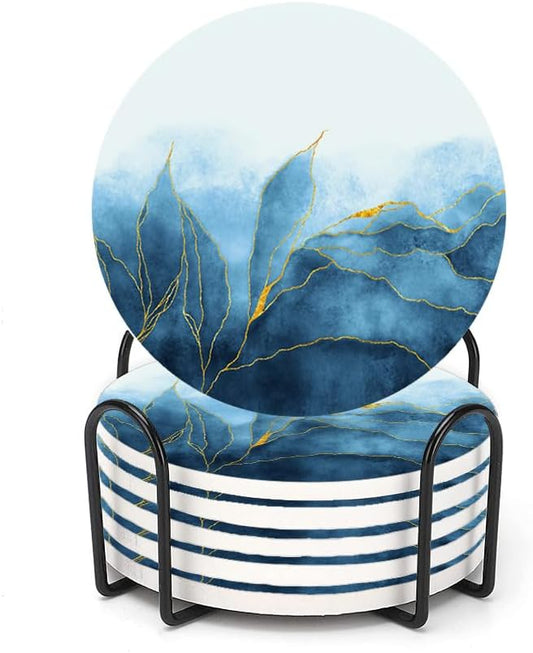 LOKMU Coasters for Drinks,Round Absorbent Ceramic Stone Coaster Sets of 6 with Metal Holder Stand,Blue Paint and Golden Shiny Veins Coasters with Cork Base for Coffee Wooden Table,Housewarming Gifts