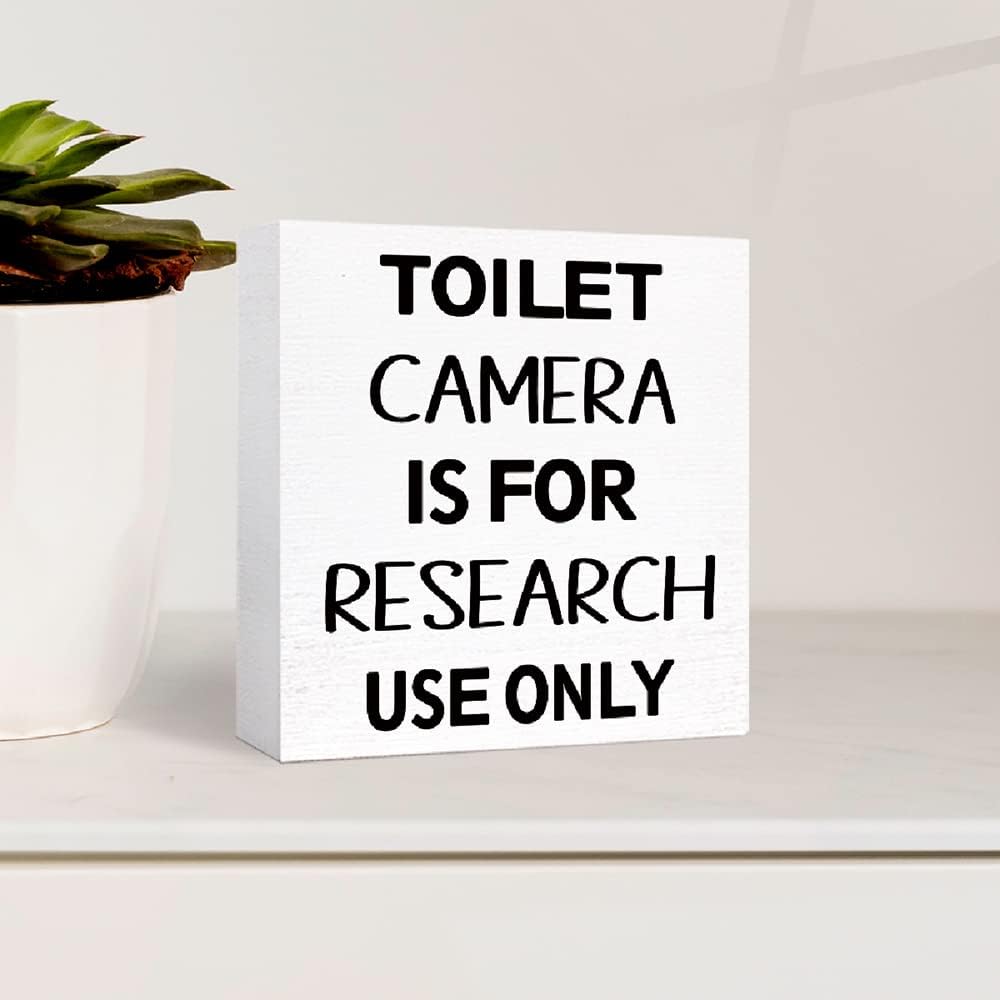 Funny Bathroom Wood Block Sign Toilet Camera is for Research Use Only Wooden Box Sign for Bathroom Shelf Toilet Restroom Tabletop Decor