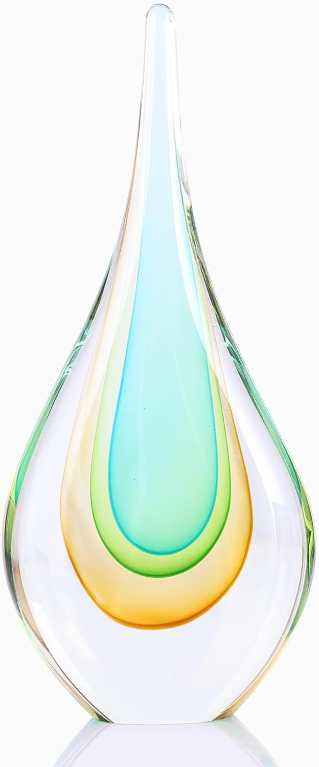 DOVDOV Blown Glass Sculpture, Light Green Glass Art Teardrop Statue, Unique Ocean Themed Decor for Office, Bookshelf, Dresser, Living Room Coffee Table, Fireplace countertop Decor.