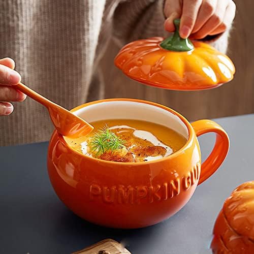 YBK Tech Cute Pumpkin Cup, Ceramic Coffee Mug, Tea Cup with Lid and Spoon (27.5oz)