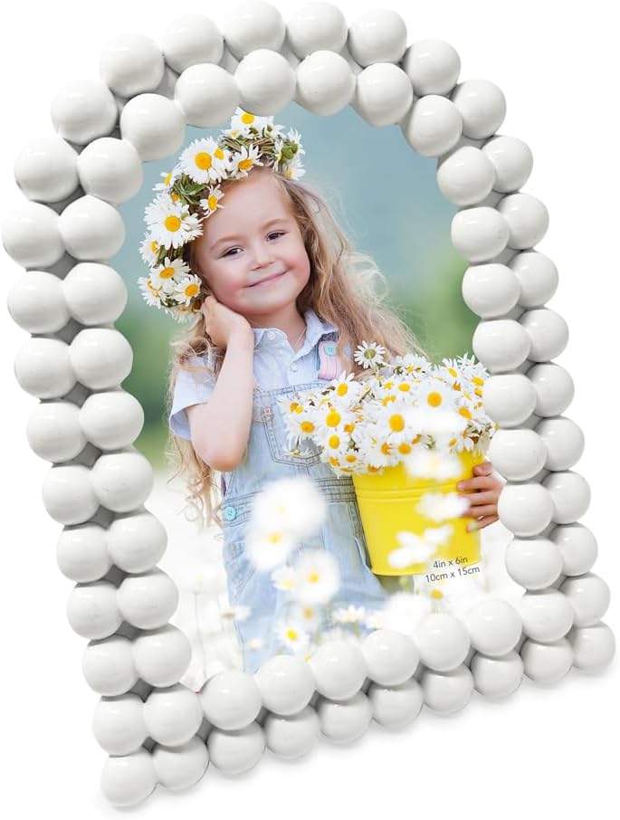 Isaac Jacobs 4x6 Glossy White Double Bauble Arch Photo Frame with Black Fabric Easel, Tabletop, Wall-Mountable, Shelf and Desk, Decorative Art Design, Home Décor (4x6, Glossy White)