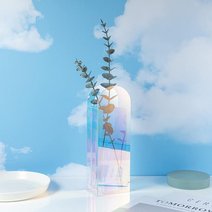 Iridescent Acrylic Vase for Artificial Flower Fake Eucalyptus Plant Leaves Office Home Decor Contemporary Tabletop Minimalist Geometric Mini Decoration Make Up Brushes Organizer Holder, Rainbowtall