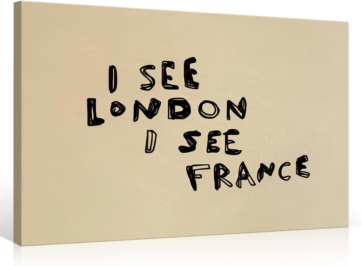 Funny Bathroom Canvas Wall Art, I See London I See France Black and White Poster, Quirky Humorous Typography Print Above Toilet, Minimalist Bathroom Horizontal Wall Decor 8x12in Wrapped Canvas