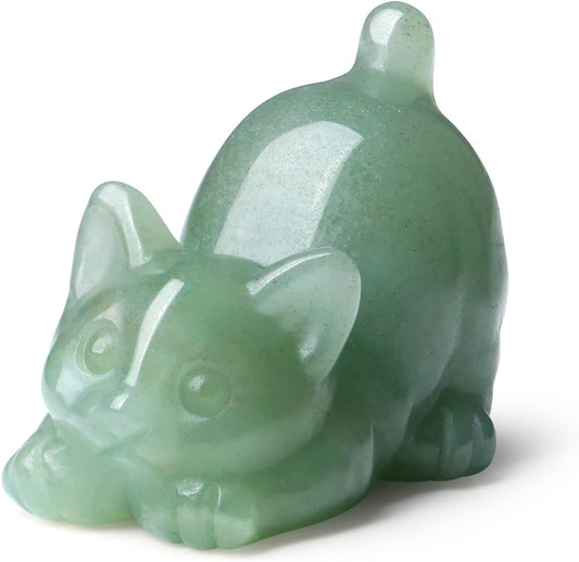 Green Aventurine Cat Decor Crystal Statue Carved Home Room Decor Figurines for Natural Lazy Gemstones Sculpture Handcrafted Healing Stone Lucky Kitten Office Spiritual Gifts for Cat Lovers