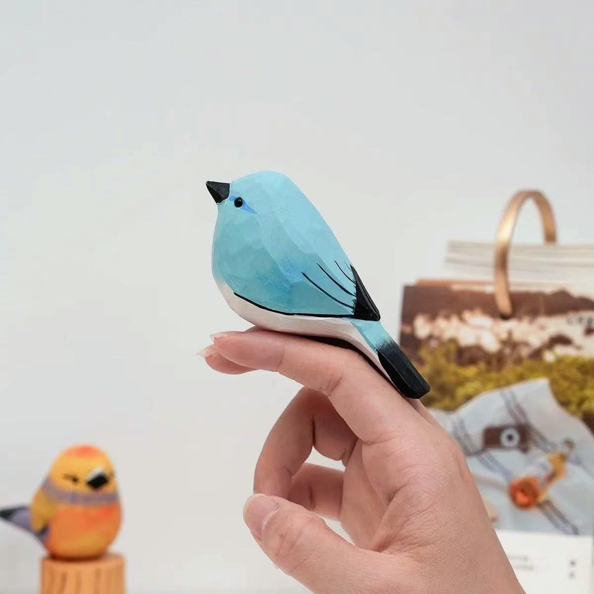 Handmade Wooden Blue Robin Figurine – 3.7" Carved & Hand-Painted Bird Statue, Desktop & Home Decor, Rustic Art, Gift for Bird Lovers