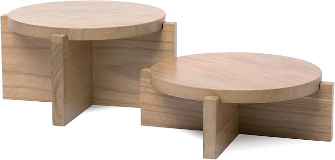 Natural Wood Riser Set of Two - Large 10” Round Wooden Plant Stands Indoor - Wood Pedestal Stands for Plants, Cakes, Drink Dispensers or Decorative Display - Mid Century Modern Plant Tables - Plant Stool for Floor or Table