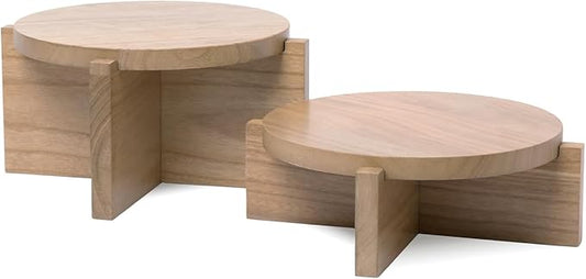 Natural Wood Riser Set of Two - Large 10” Round Wooden Plant Stands Indoor - Wood Pedestal Stands for Plants, Cakes, Drink Dispensers or Decorative Display - Mid Century Modern Plant Tables - Plant Stool for Floor or Table