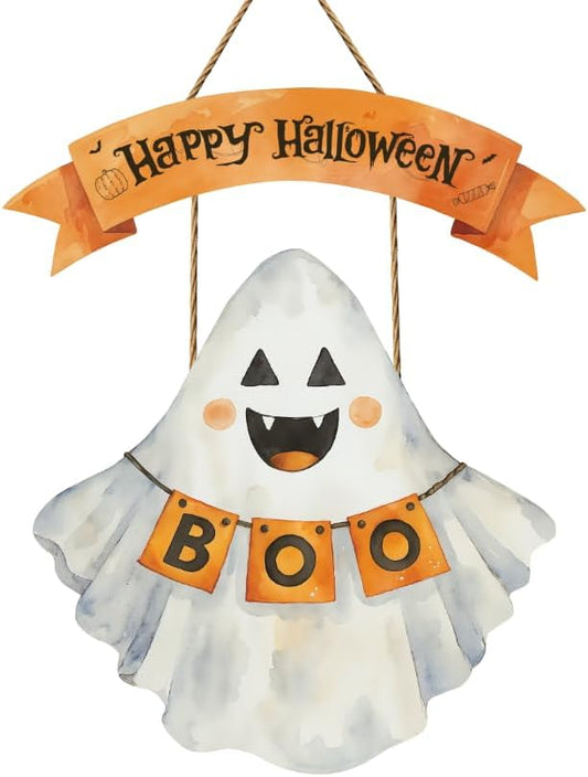 Welcome Halloween Sign,Cute Ghost Door Hanger,Happy Halloween Wall Decoration,Hey Boo Pumpkin Ghost Plaque for Front Door Indoor Outdoor Home Party Porch Yard Office Nursery Kids Room