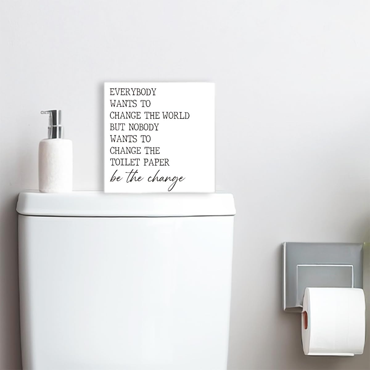 Everyone Wants to Change the World Toilet Paper Sign Wood Block,Funny Bathroom Signs Wooden Box for Bathroom Shelf Washroom Toilet Restroom Shelves Decor 5"L x 5"W x 1.1"H