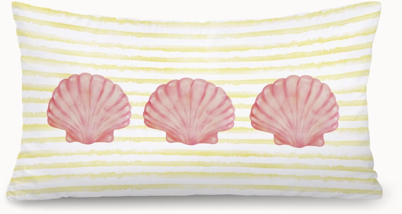 Coastal Girly Room Decor 12x20 Pillow Cover, Preppy Beach Pink Seashell Yellow Striped Decorative Lumbar Pillow Covers for Girls Bedroom College Dorm Sofa Couch