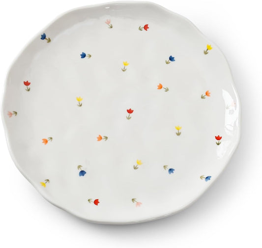 Koythin Ceramic Dessert Plates, Cute Fruits Dinner Plate, Creative Plates Design, Printed Flowers Dinnerware for Office and Home, Kitchen Plates for Desserts (Tulip Small Floral)