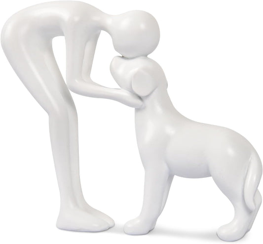 Dog Sculpture Home Decor Cute Man and Dog Statue Decoration for Office、Living Room、Bedroom、Home， Memory Gifts for Pet Lovers (White)