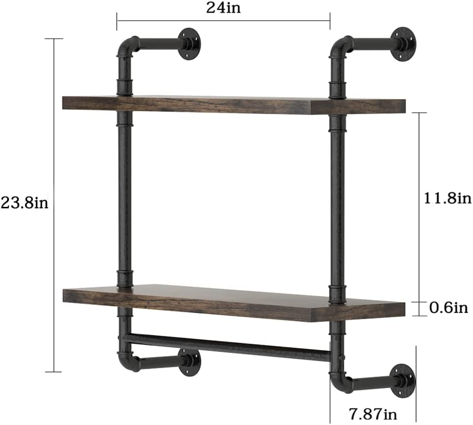 Helsin 24inch Industrial Pipe Shelving Bathroom Shelves Wall Mounted with Towel bar, 2 Tier Rustic Wood Floating Shelf, Metal Towel Rack Wall Shelf for Home & Bathroom (Brown, 24inch)