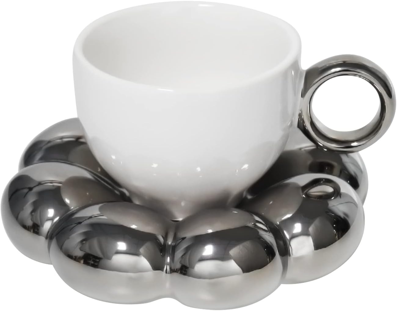 Koythin Ceramic Coffee Mug with Saucer Set, Creative Cute Cup with Sunflower Coaster for Office and Home, 6.5 oz/200 ml for Tea Latte Milk (Electroplating White and Silver)